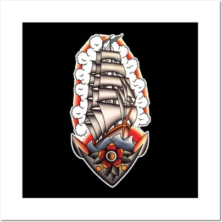 Ship with Clouds Tattoo Design Posters and Art